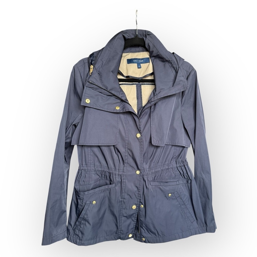 Cole Haan Women's Packable Rain Jacket Coat Med Navy Blue Hood